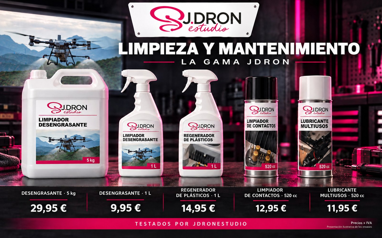 Gama de limpieza y mantenimiento JDRON: desengrasante, regenerador de pl&aacute;sticos, limpiador de contactos y lubricante multiusos